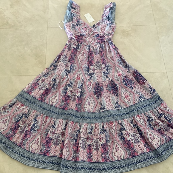 Caroline Constas Tiered Ruffled Cotton Frill Dress Pockets V-Neck Smocked Back - Picture 8 of 16